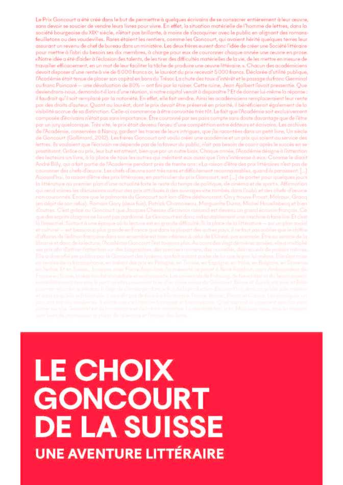 Publikation der Französischen Botschaft: UNE AVENTURE LITTÉRAIRE : LE CHOIX GONCOURT DE LA SUISSE